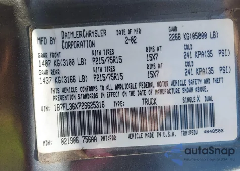 2002 Dodge Dakota Sport z USA, uszkodzony, nr VIN 1B7FL36X72S625316